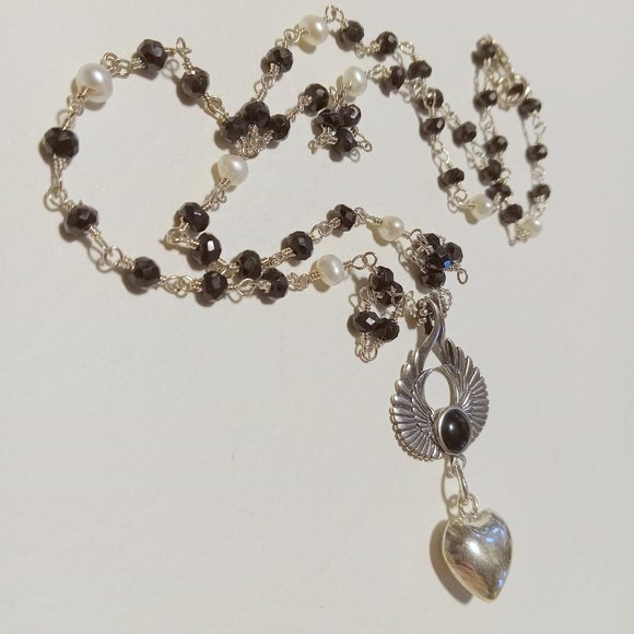 Vintage Sterling Silver Onyx Bezel Set Angel Wings Rosary Bead - Picture 6 of 14